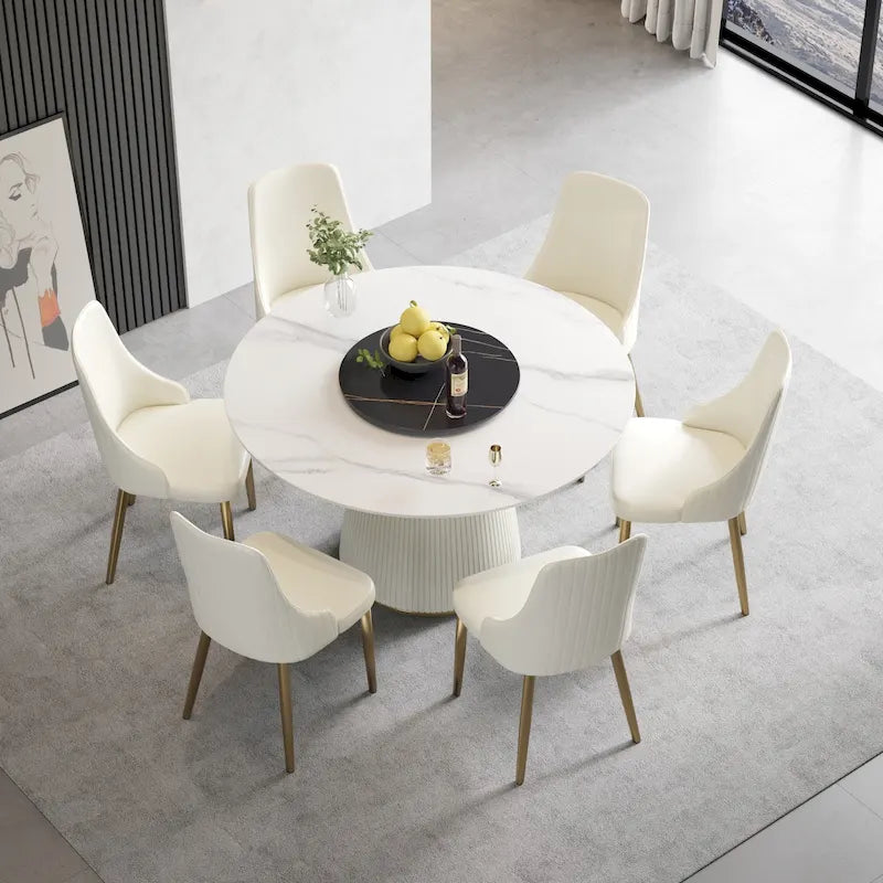 Table de salle à manger ronde de 53 pouces pour 6 personnes avec plateau en pierre frittée et plateau tournant