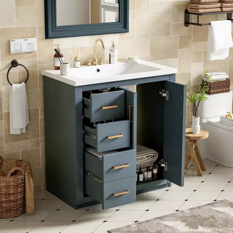 Meuble-lavabo simple de 76 cm avec armoire et 3 tiroirs – Noir / Bleu / Vert / Indigo / Blanc
