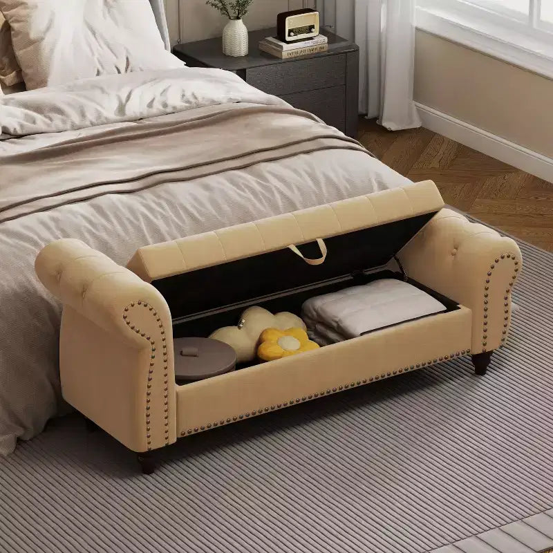 64.5 End of Bed Storage Bench with Nails Tufted, Entryway Bench with Velvet Cushions, Storage Ottoman for Living Room