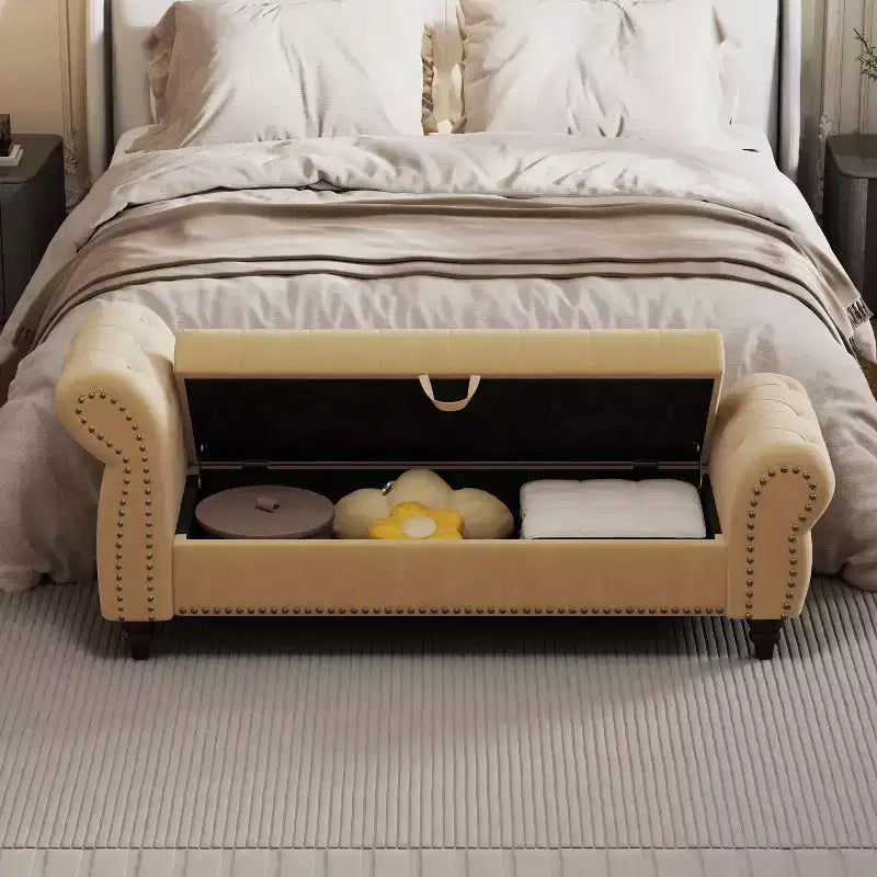 64.5 End of Bed Storage Bench with Nails Tufted, Entryway Bench with Velvet Cushions, Storage Ottoman for Living Room