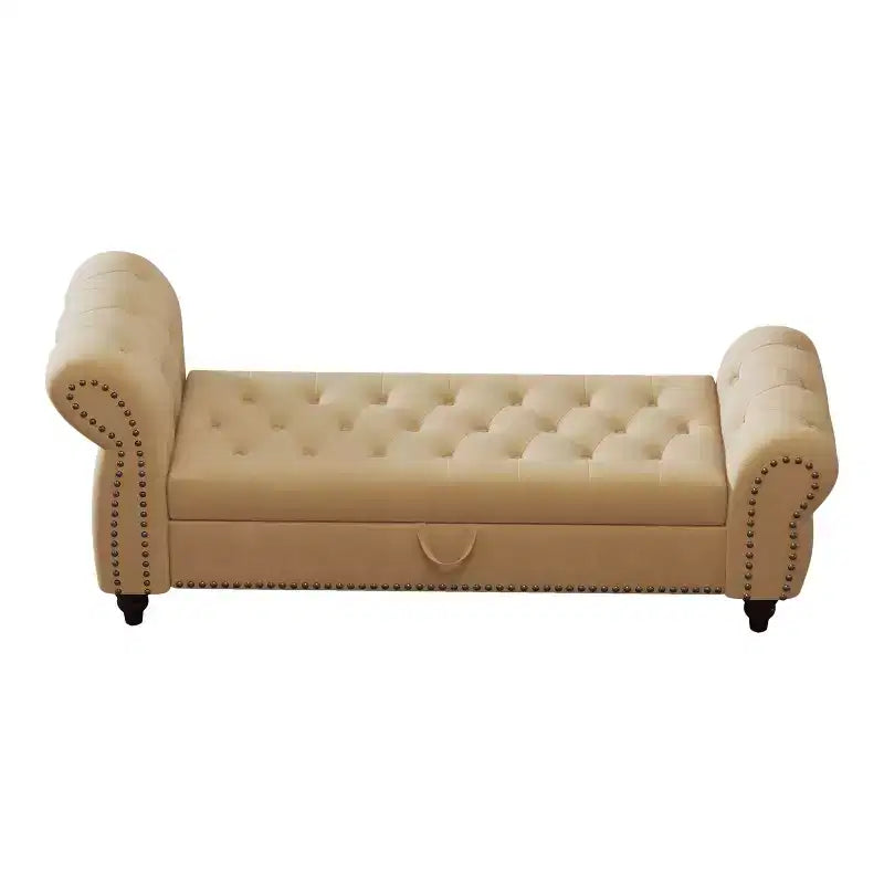 64.5 End of Bed Storage Bench with Nails Tufted, Entryway Bench with Velvet Cushions, Storage Ottoman for Living Room