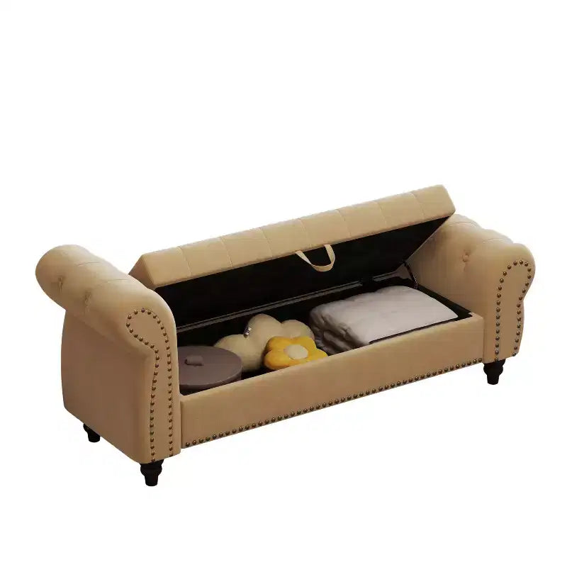 64.5 End of Bed Storage Bench with Nails Tufted, Entryway Bench with Velvet Cushions, Storage Ottoman for Living Room
