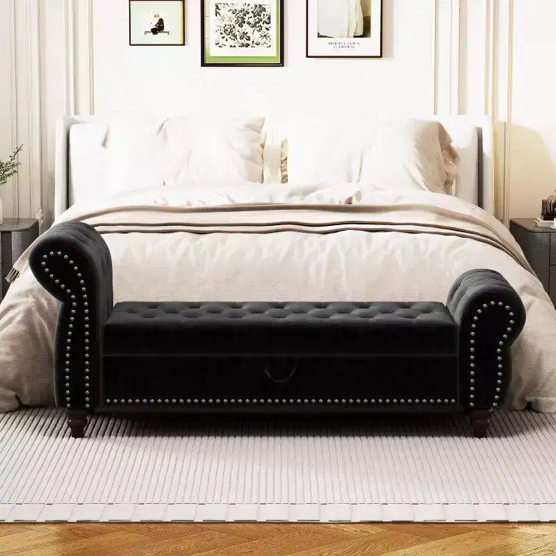 64.5 End of Bed Storage Bench with Nails Tufted, Entryway Bench with Velvet Cushions, Storage Ottoman for Living Room