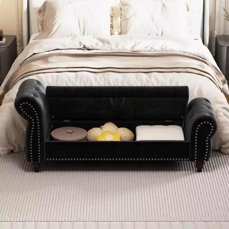 64.5 End of Bed Storage Bench with Nails Tufted, Entryway Bench with Velvet Cushions, Storage Ottoman for Living Room