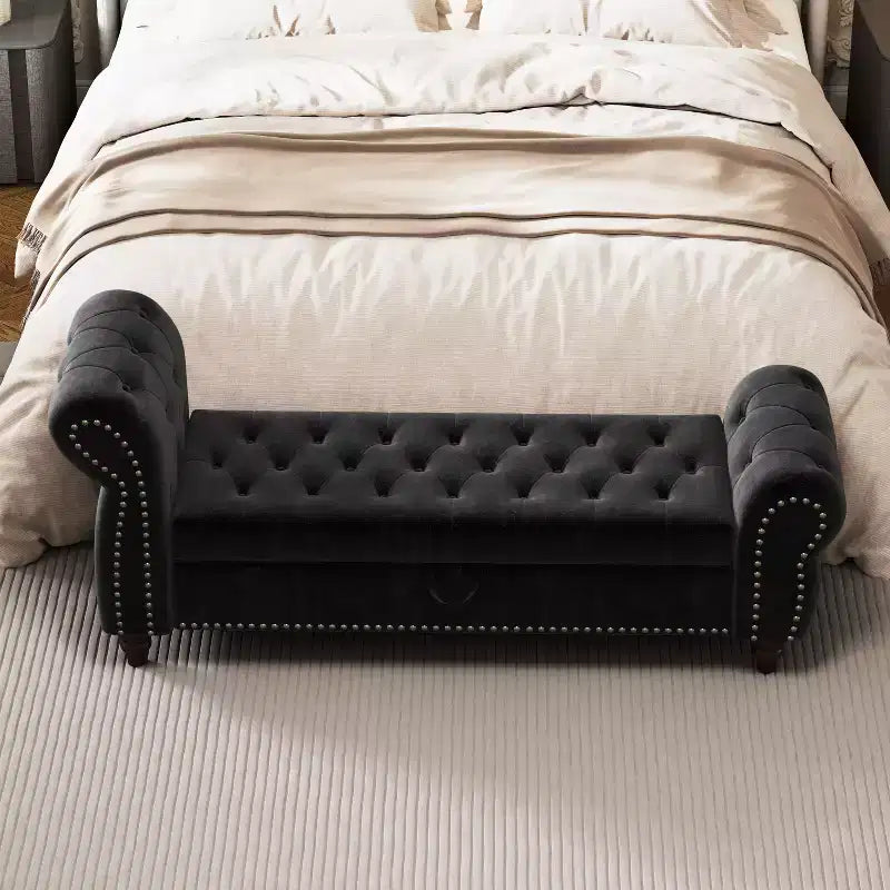 64.5 End of Bed Storage Bench with Nails Tufted, Entryway Bench with Velvet Cushions, Storage Ottoman for Living Room