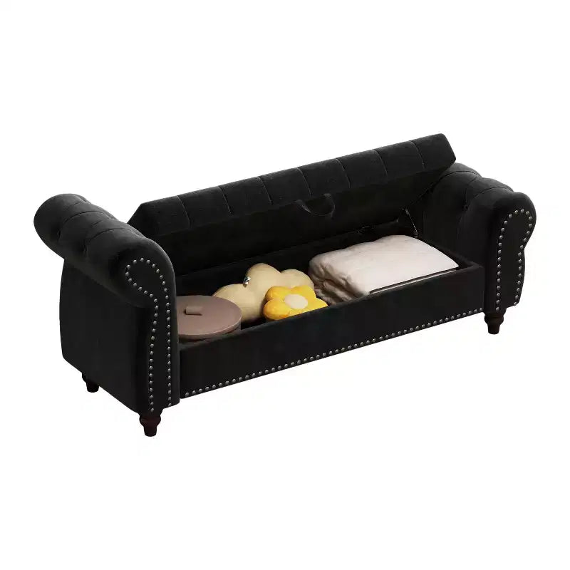 64.5 End of Bed Storage Bench with Nails Tufted, Entryway Bench with Velvet Cushions, Storage Ottoman for Living Room