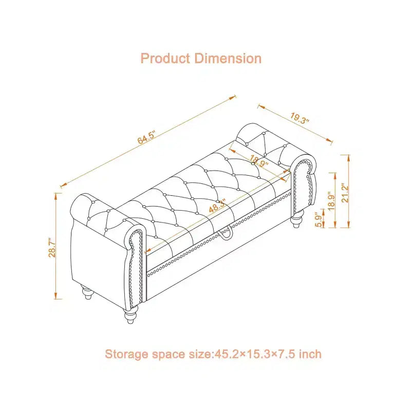 64.5 End of Bed Storage Bench with Nails Tufted, Entryway Bench with Velvet Cushions, Storage Ottoman for Living Room