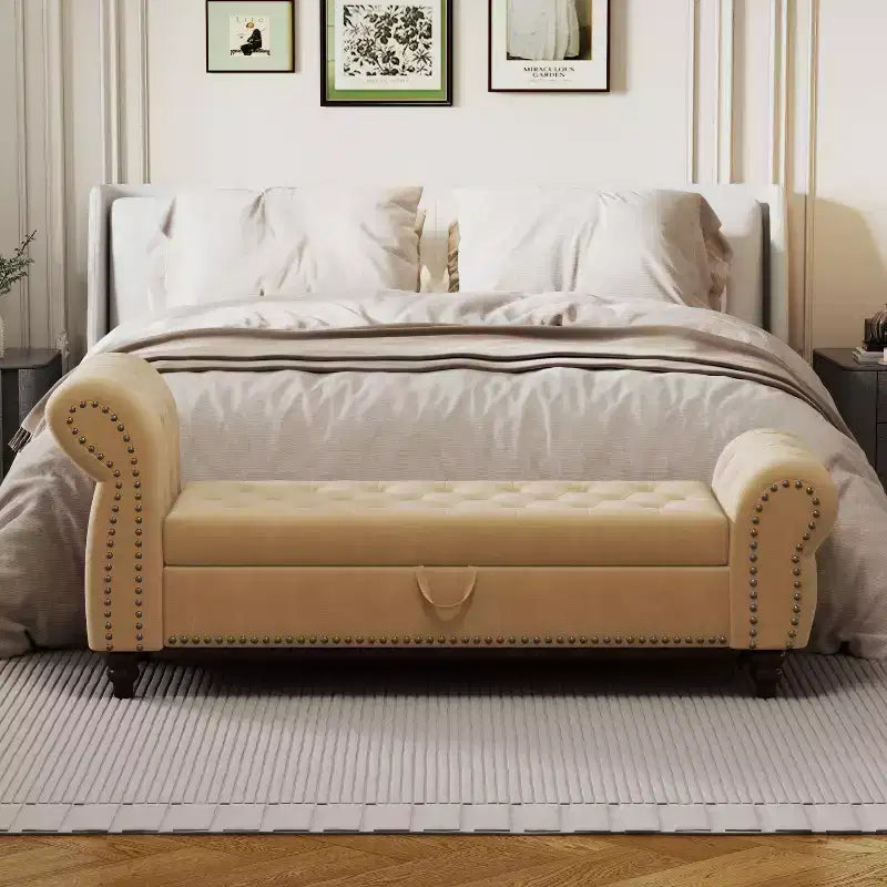 64.5 End of Bed Storage Bench with Nails Tufted, Entryway Bench with Velvet Cushions, Storage Ottoman for Living Room