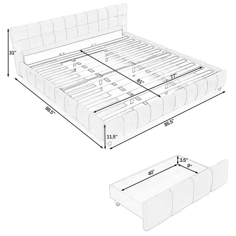 King Size Upholstered Bed with Chenille Headboard, Storage Drawers and Solid Bed Frame, Dark Gray