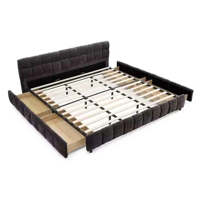King Size Upholstered Bed with Chenille Headboard, Storage Drawers and Solid Bed Frame, Dark Gray