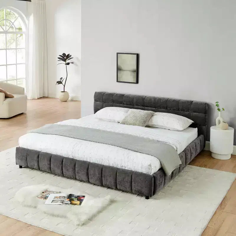 King Size Upholstered Bed with Chenille Headboard, Storage Drawers and Solid Bed Frame, Dark Gray