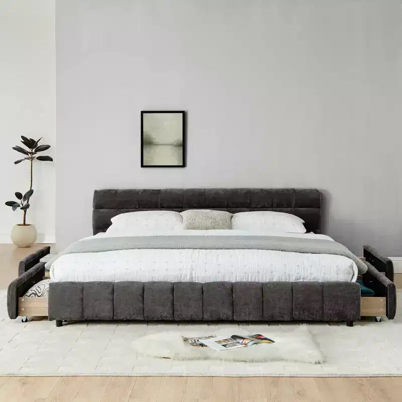 King Size Upholstered Bed with Chenille Headboard, Storage Drawers and Solid Bed Frame, Dark Gray