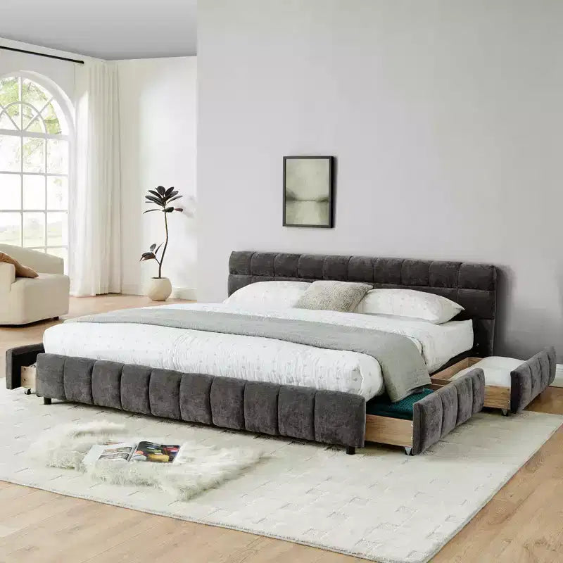 King Size Upholstered Bed with Chenille Headboard, Storage Drawers and Solid Bed Frame, Dark Gray