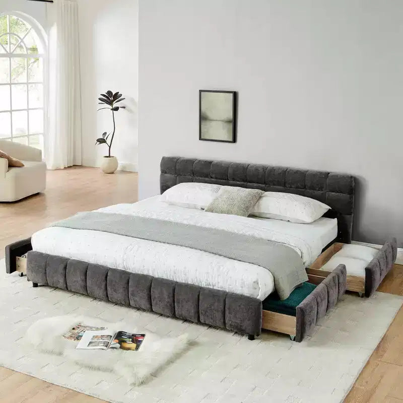 King Size Upholstered Bed with Chenille Headboard, Storage Drawers and Solid Bed Frame, Dark Gray