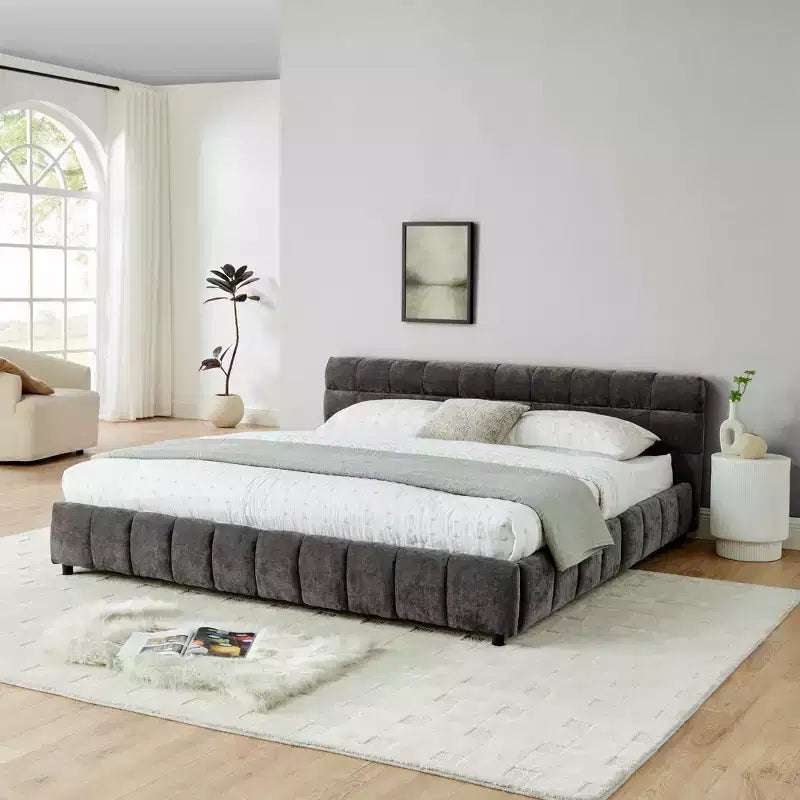 King Size Upholstered Bed with Chenille Headboard, Storage Drawers and Solid Bed Frame, Dark Gray