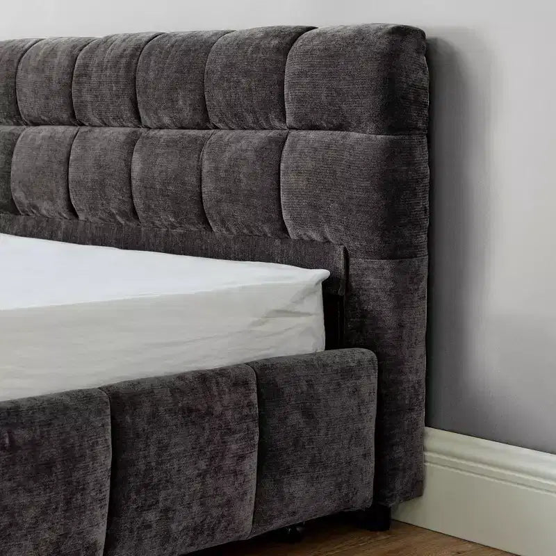 King Size Upholstered Bed with Chenille Headboard, Storage Drawers and Solid Bed Frame, Dark Gray