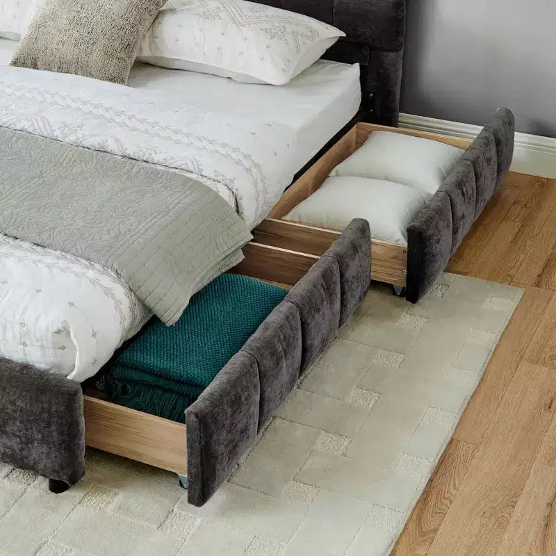 King Size Upholstered Bed with Chenille Headboard, Storage Drawers and Solid Bed Frame, Dark Gray
