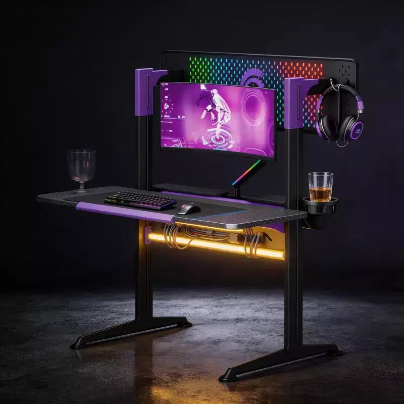 54''Gaming Desk wtih RGB Monitor Stand, LED Gamer Desk with Power Outlet, Ergonomic Computer Desk with Storage Boxes,Black