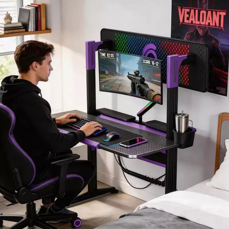 54''Gaming Desk wtih RGB Monitor Stand, LED Gamer Desk with Power Outlet, Ergonomic Computer Desk with Storage Boxes,Black
