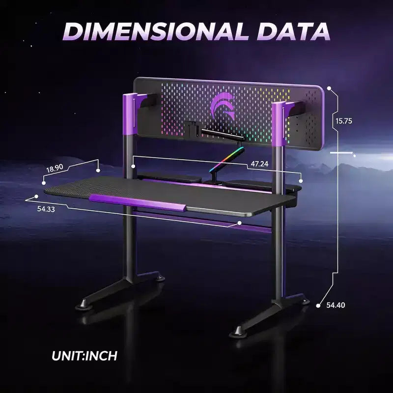 54''Gaming Desk wtih RGB Monitor Stand, LED Gamer Desk with Power Outlet, Ergonomic Computer Desk with Storage Boxes,Black