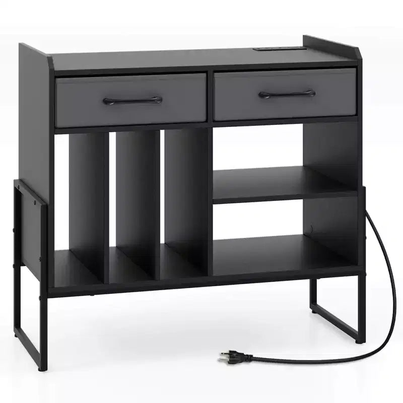 Large Record Player Stand with Charging Station, 2 Fabric Drawers, Adjustable Shelf Rustic Brown & Gray/Black/White