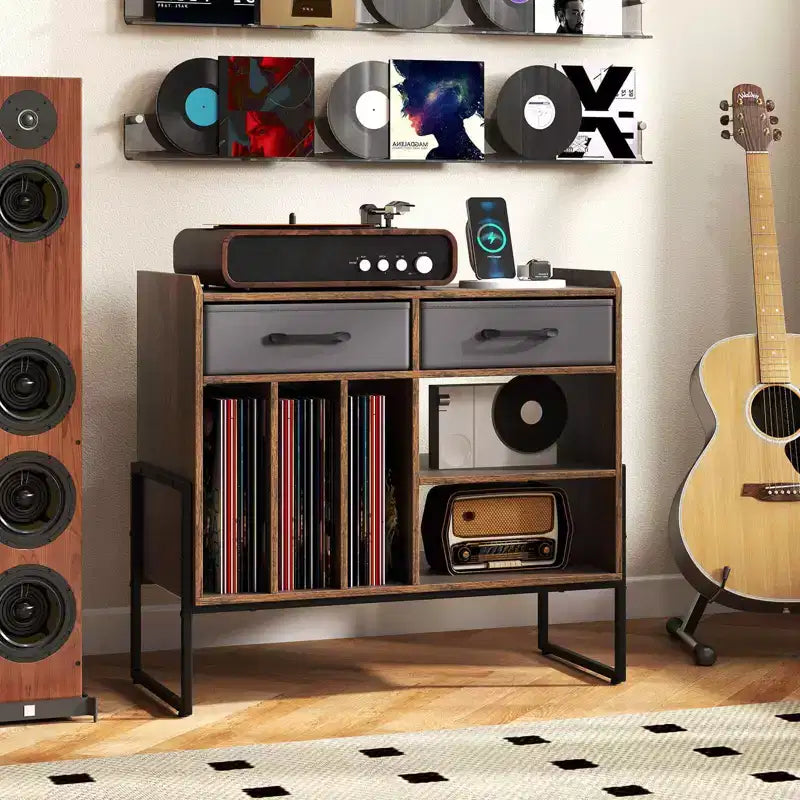 Large Record Player Stand with Charging Station, 2 Fabric Drawers, Adjustable Shelf Rustic Brown & Gray/Black/White