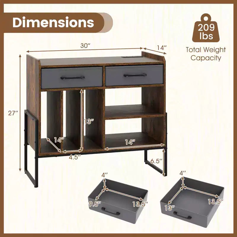 Large Record Player Stand with Charging Station, 2 Fabric Drawers, Adjustable Shelf Rustic Brown & Gray/Black/White