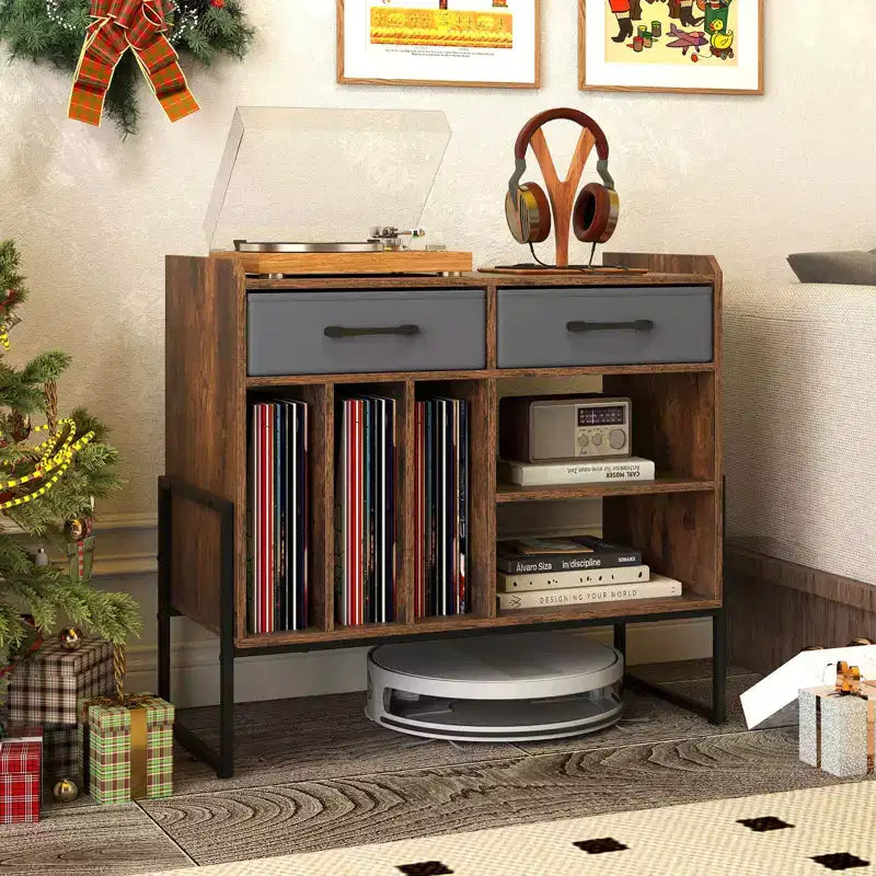 Large Record Player Stand with Charging Station, 2 Fabric Drawers, Adjustable Shelf Rustic Brown & Gray/Black/White