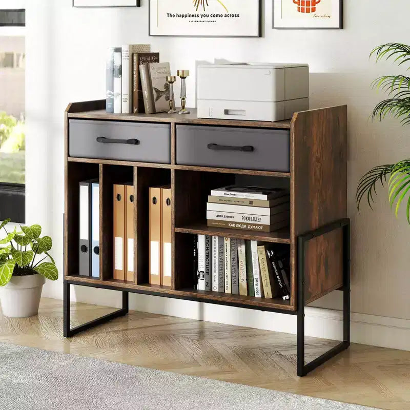 Large Record Player Stand with Charging Station, 2 Fabric Drawers, Adjustable Shelf Rustic Brown & Gray/Black/White