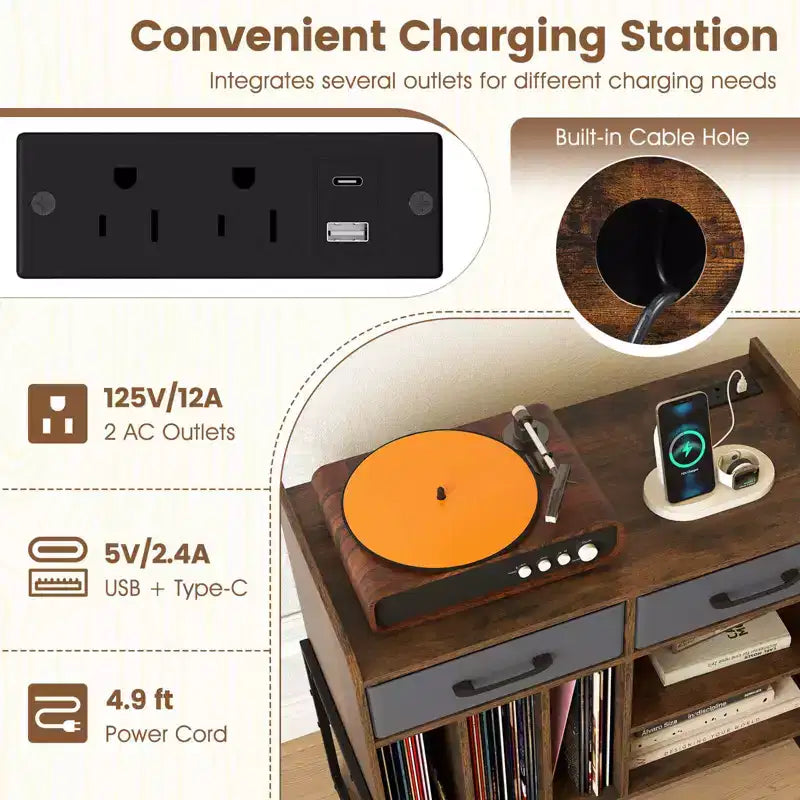 Large Record Player Stand with Charging Station, 2 Fabric Drawers, Adjustable Shelf Rustic Brown & Gray/Black/White