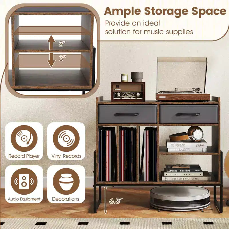 Large Record Player Stand with Charging Station, 2 Fabric Drawers, Adjustable Shelf Rustic Brown & Gray/Black/White