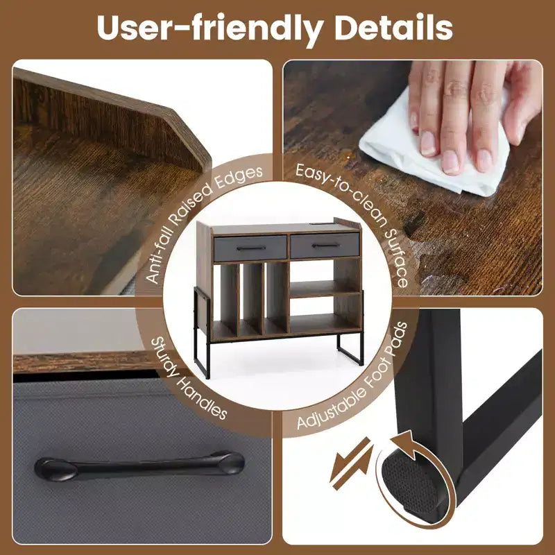 Large Record Player Stand with Charging Station, 2 Fabric Drawers, Adjustable Shelf Rustic Brown & Gray/Black/White