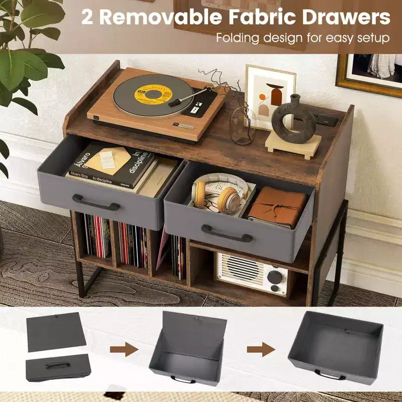 Large Record Player Stand with Charging Station, 2 Fabric Drawers, Adjustable Shelf Rustic Brown & Gray/Black/White
