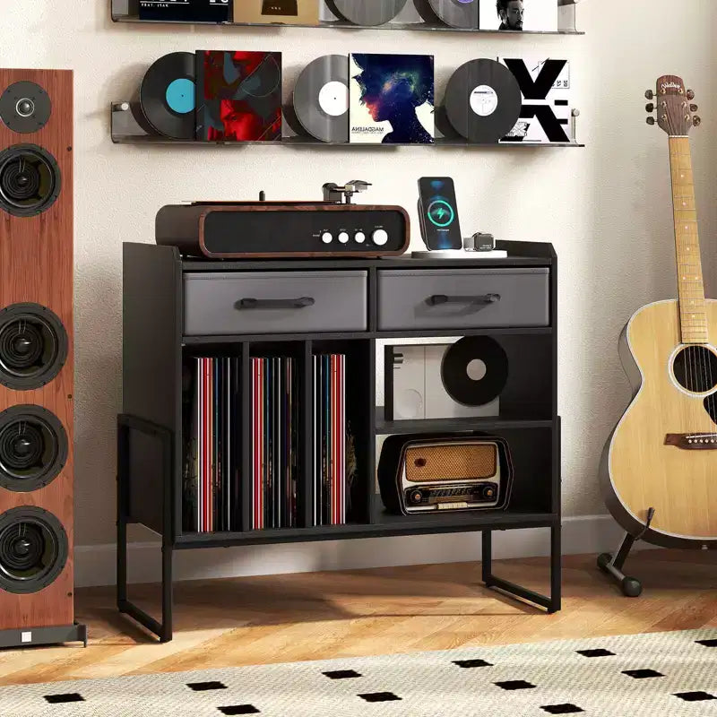 Large Record Player Stand with Charging Station, 2 Fabric Drawers, Adjustable Shelf Rustic Brown & Gray/Black/White