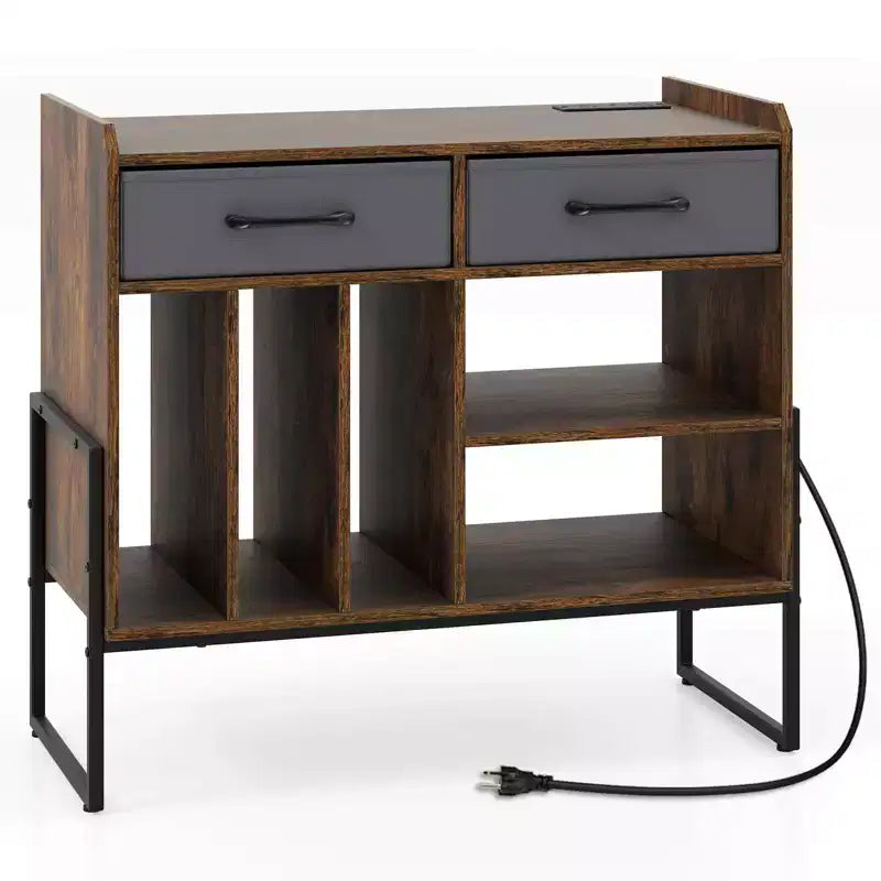 Large Record Player Stand with Charging Station, 2 Fabric Drawers, Adjustable Shelf Rustic Brown & Gray/Black/White
