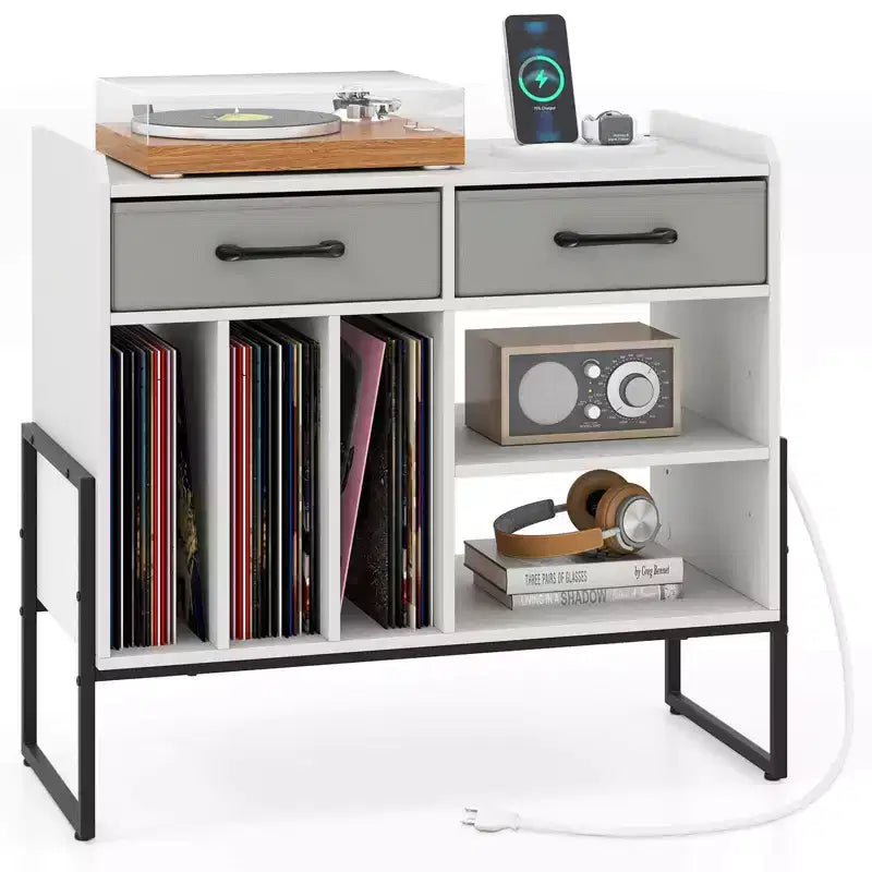 Large Record Player Stand with Charging Station, 2 Fabric Drawers, Adjustable Shelf Rustic Brown & Gray/Black/White