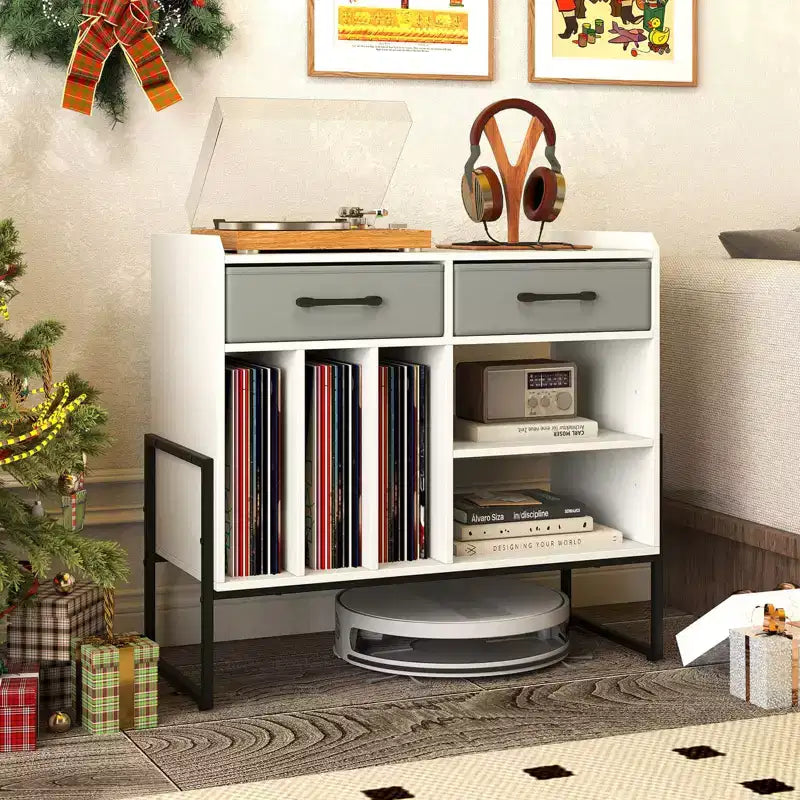 Large Record Player Stand with Charging Station, 2 Fabric Drawers, Adjustable Shelf Rustic Brown & Gray/Black/White
