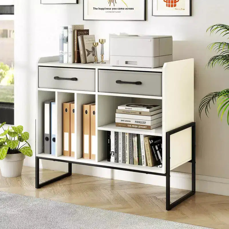 Large Record Player Stand with Charging Station, 2 Fabric Drawers, Adjustable Shelf Rustic Brown & Gray/Black/White