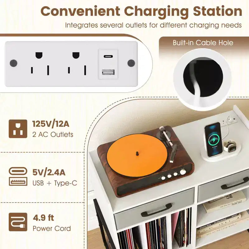 Large Record Player Stand with Charging Station, 2 Fabric Drawers, Adjustable Shelf Rustic Brown & Gray/Black/White