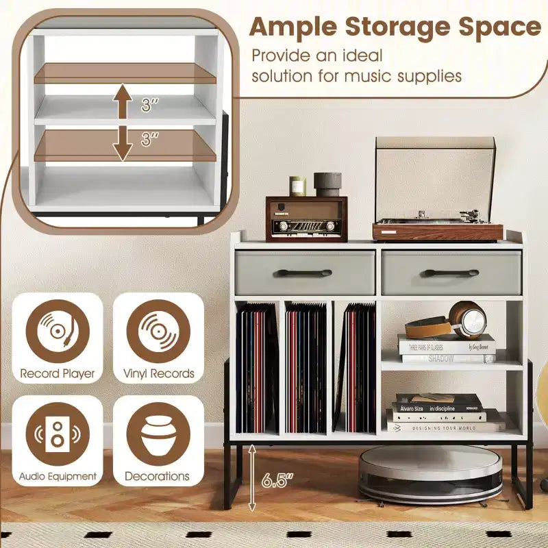 Large Record Player Stand with Charging Station, 2 Fabric Drawers, Adjustable Shelf Rustic Brown & Gray/Black/White
