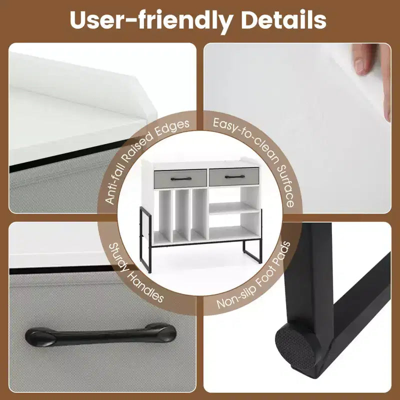 Large Record Player Stand with Charging Station, 2 Fabric Drawers, Adjustable Shelf Rustic Brown & Gray/Black/White