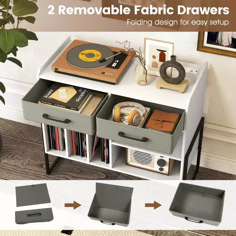 Large Record Player Stand with Charging Station, 2 Fabric Drawers, Adjustable Shelf Rustic Brown & Gray/Black/White