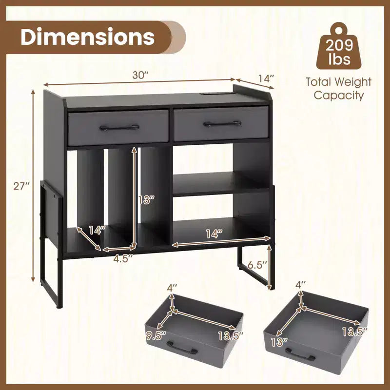 Large Record Player Stand with Charging Station, 2 Fabric Drawers, Adjustable Shelf Rustic Brown & Gray/Black/White