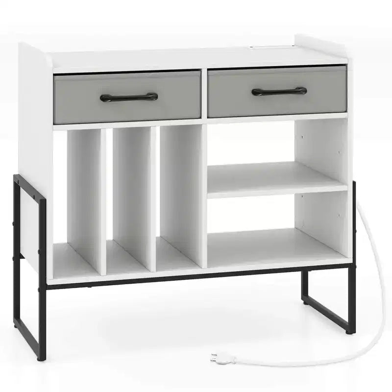 Large Record Player Stand with Charging Station, 2 Fabric Drawers, Adjustable Shelf Rustic Brown & Gray/Black/White
