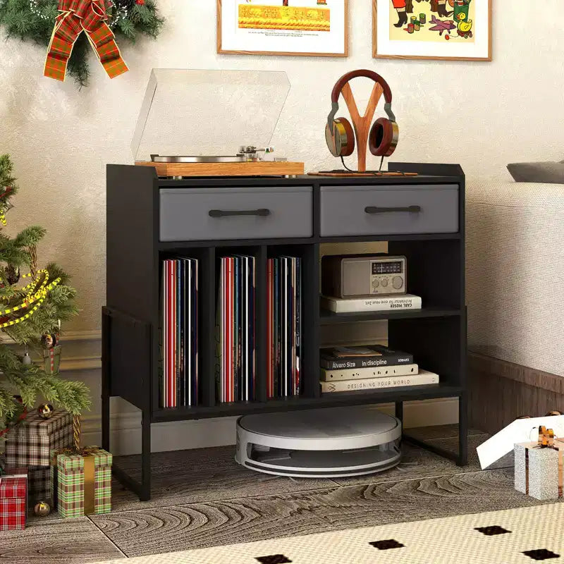 Large Record Player Stand with Charging Station, 2 Fabric Drawers, Adjustable Shelf Rustic Brown & Gray/Black/White