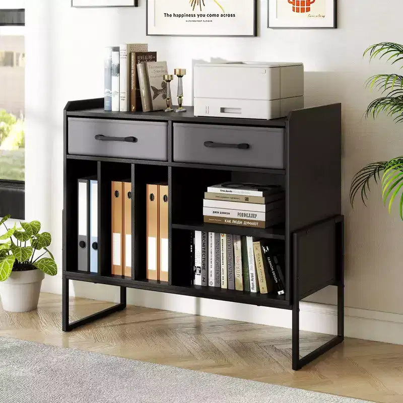 Large Record Player Stand with Charging Station, 2 Fabric Drawers, Adjustable Shelf Rustic Brown & Gray/Black/White