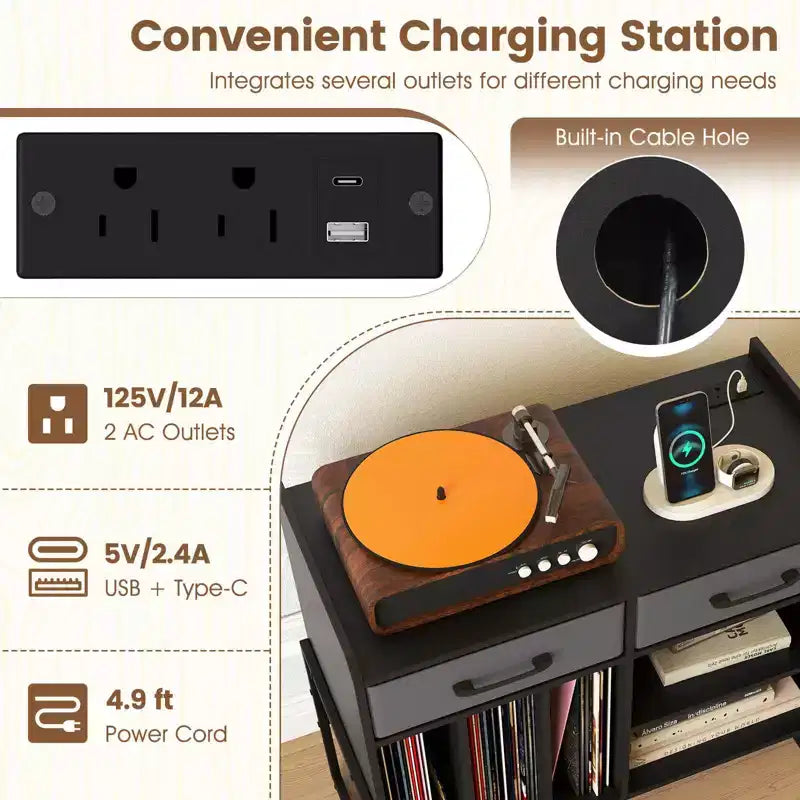 Large Record Player Stand with Charging Station, 2 Fabric Drawers, Adjustable Shelf Rustic Brown & Gray/Black/White