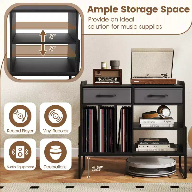 Large Record Player Stand with Charging Station, 2 Fabric Drawers, Adjustable Shelf Rustic Brown & Gray/Black/White
