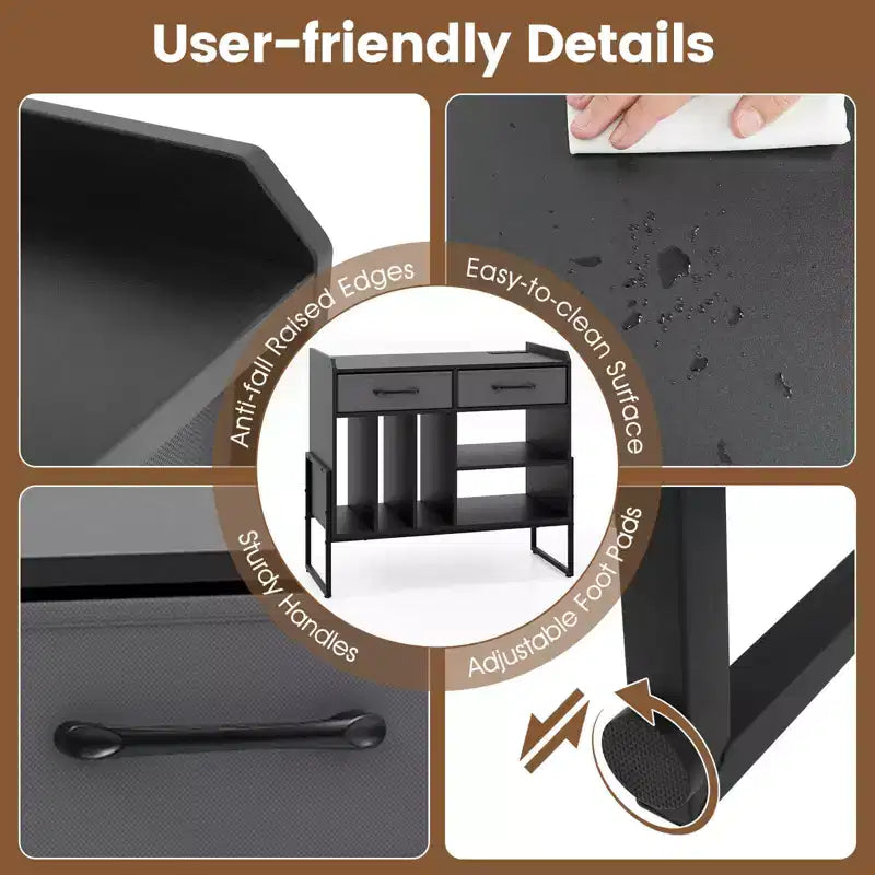 Large Record Player Stand with Charging Station, 2 Fabric Drawers, Adjustable Shelf Rustic Brown & Gray/Black/White