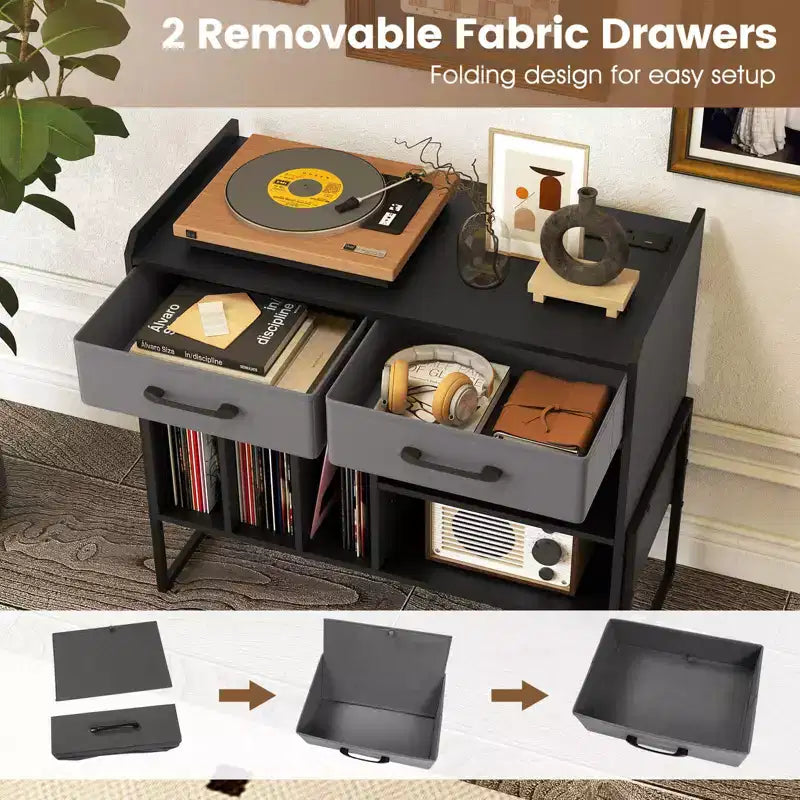 Large Record Player Stand with Charging Station, 2 Fabric Drawers, Adjustable Shelf Rustic Brown & Gray/Black/White